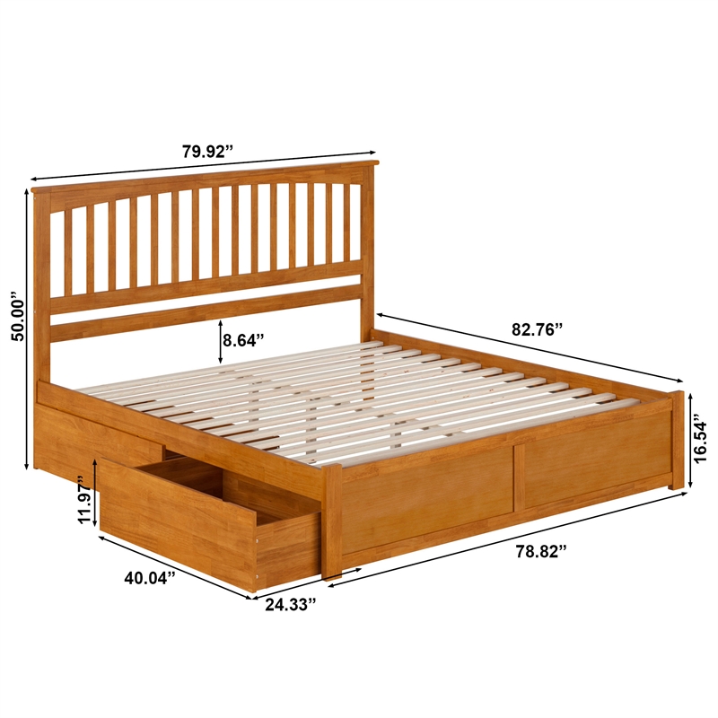 Mission King Wood Platform Bed with Footboard & Storage Drawers in Light Toffee