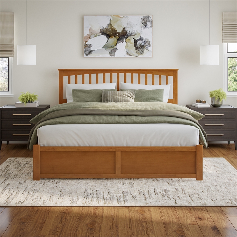 Mission King Wood Platform Bed with Footboard & Storage Drawers in Light Toffee