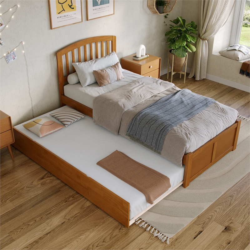 Richmond Twin XL Wood Platform Bed with Footboard & Trundle in Light Toffee