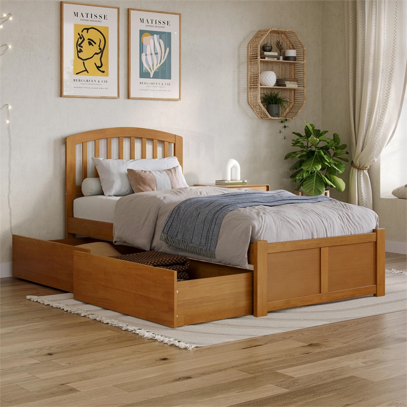 Richmond Twin XL Wood Platform Bed with Footboard and Drawers in Light Toffee
