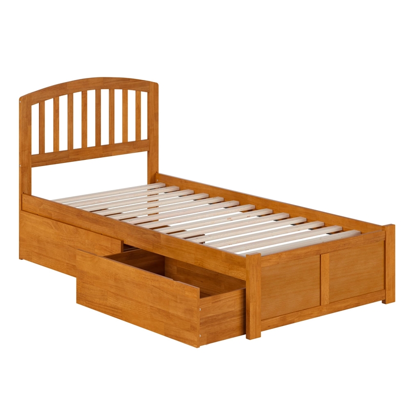 Richmond Twin XL Wood Platform Bed with Footboard and Drawers in Light Toffee