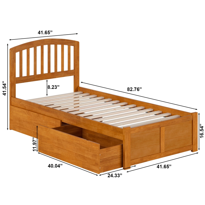 Richmond Twin XL Wood Platform Bed with Footboard and Drawers in Light Toffee
