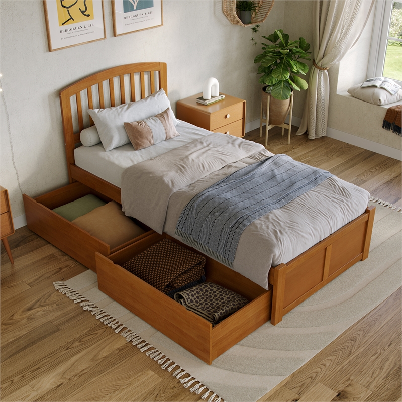 Richmond Twin XL Wood Platform Bed with Footboard and Drawers in Light Toffee