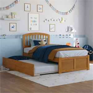 Richmond Twin Wood Platform Bed with Footboard and Twin Trundle in Light Toffee