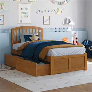 Richmond Twin Wood Platform Bed with Footboard and Drawers in Light Toffee