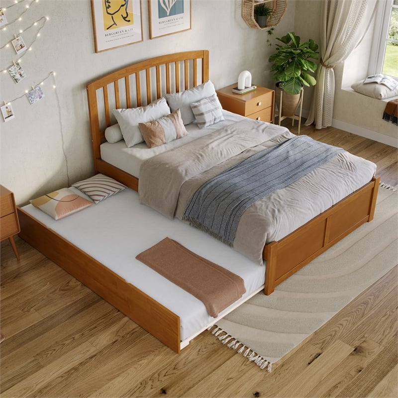 Richmond Full Wood Platform Bed with Footboard and Full Trundle in Light Toffee