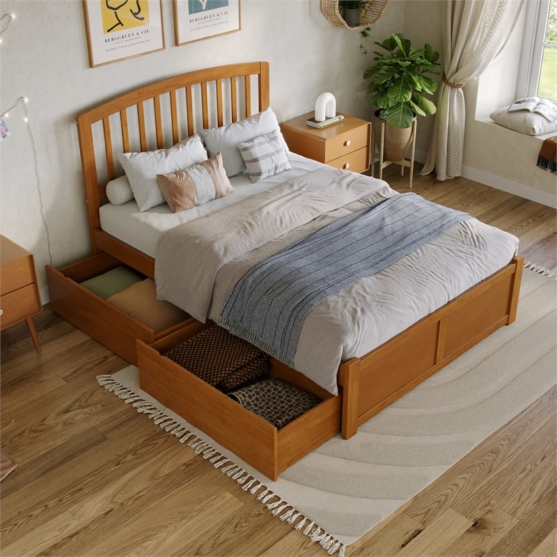 Richmond Full Wood Platform Bed with Footboard and Drawers in Light Toffee