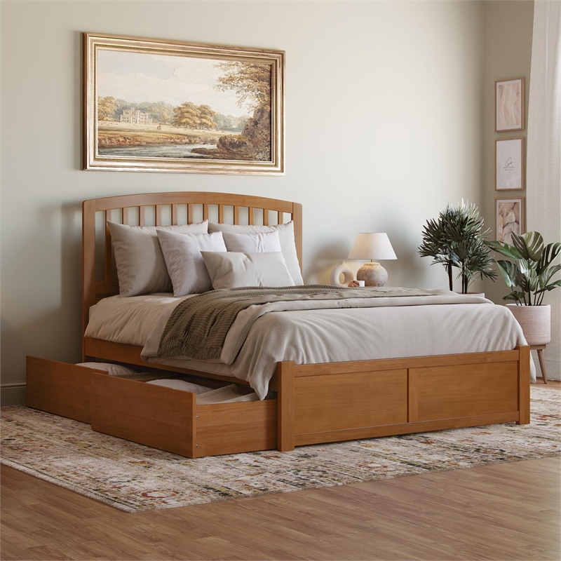 Richmond Queen Wood Platform Bed with Footboard and Drawers in Light Toffee