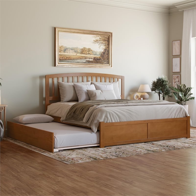Richmond King Wood Platform Bed with Footboard and TXL Trundle in Light Toffee