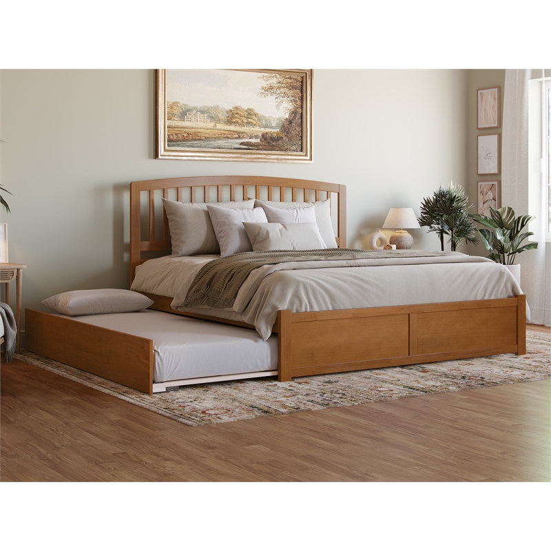 Richmond King Wood Platform Bed with Footboard and TXL Trundle in Light Toffee