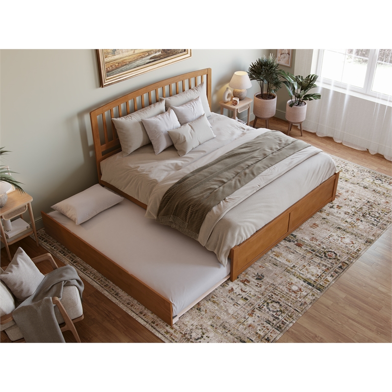 Richmond King Wood Platform Bed with Footboard and TXL Trundle in Light Toffee