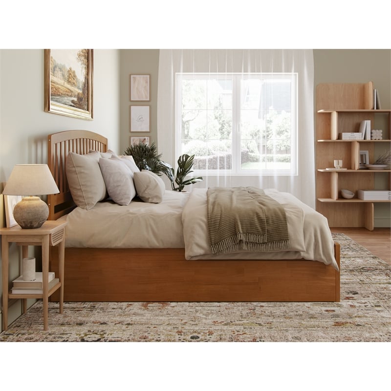 Richmond King Wood Platform Bed with Footboard and TXL Trundle in Light Toffee