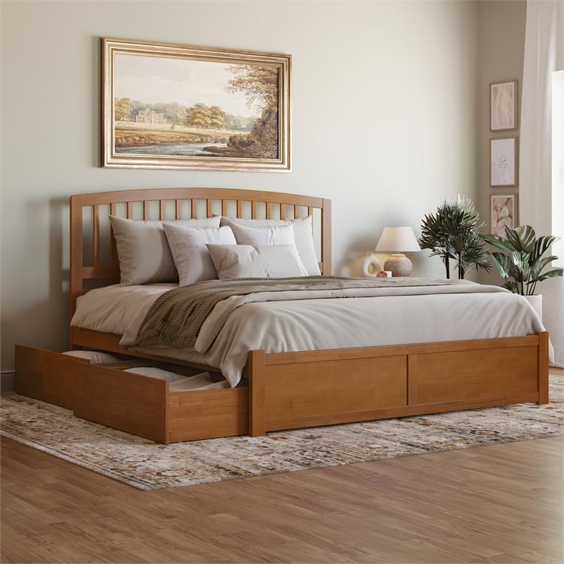 Richmond King Wood Platform Bed with Footboard and Drawers in Light Toffee