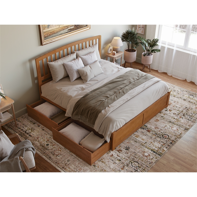 Richmond King Wood Platform Bed with Footboard and Drawers in Light Toffee