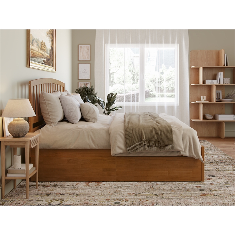 Richmond King Wood Platform Bed with Footboard and Drawers in Light Toffee