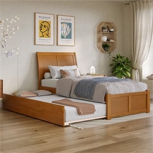 Portland Twin XL Wood Platform Bed with Footboard & TXL Trundle in Light Toffee