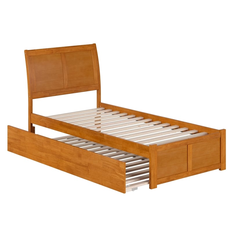 Portland Twin XL Wood Platform Bed with Footboard & TXL Trundle in Light Toffee