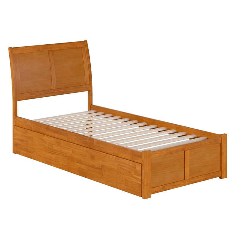 Portland Twin XL Wood Platform Bed with Footboard & TXL Trundle in Light Toffee