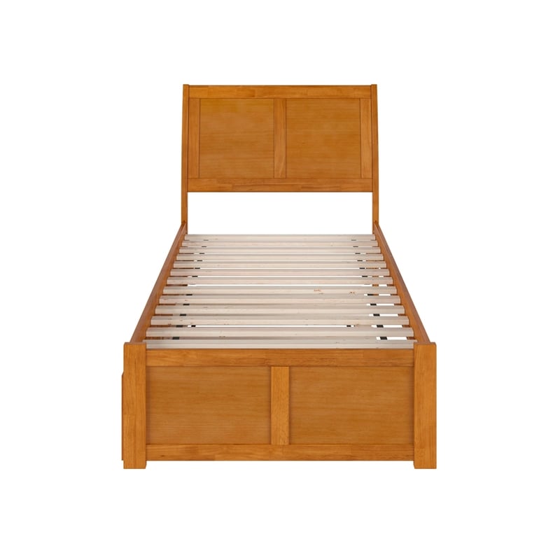 Portland Twin XL Wood Platform Bed with Footboard & TXL Trundle in Light Toffee