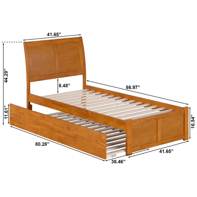 Portland Twin XL Wood Platform Bed with Footboard & TXL Trundle in Light Toffee