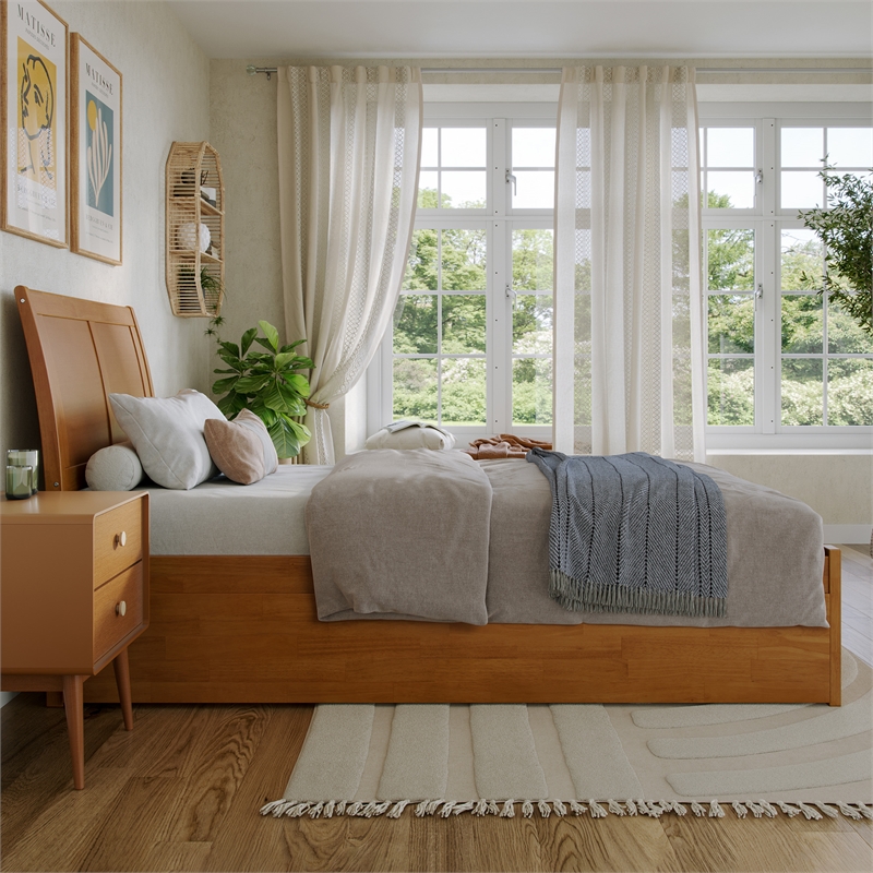 Portland Twin XL Wood Platform Bed with Footboard & TXL Trundle in Light Toffee