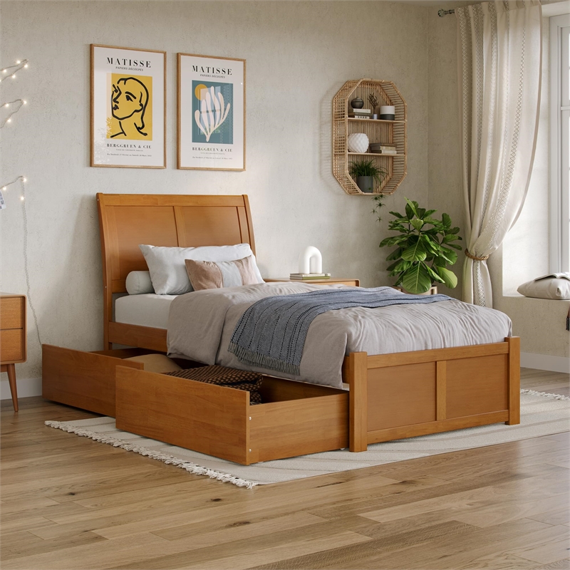 Portland Twin XL Wood Platform Bed with Footboard and Drawers in Light Toffee