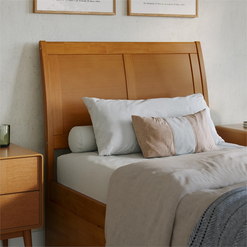 Portland Twin XL Wood Platform Bed with Footboard and Drawers in Light Toffee