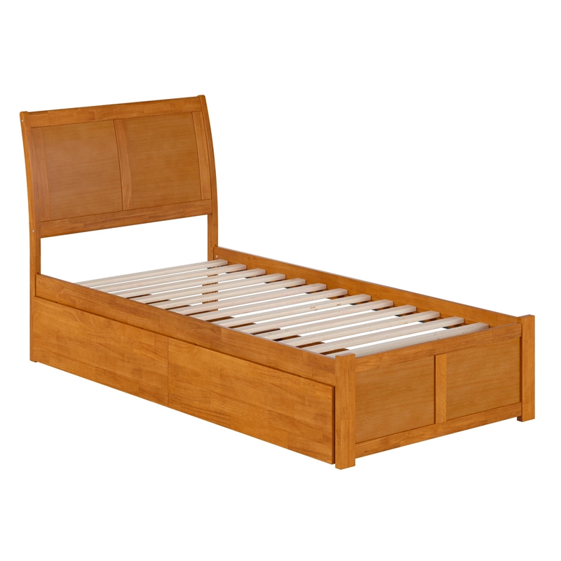 Portland Twin XL Wood Platform Bed with Footboard and Drawers in Light Toffee