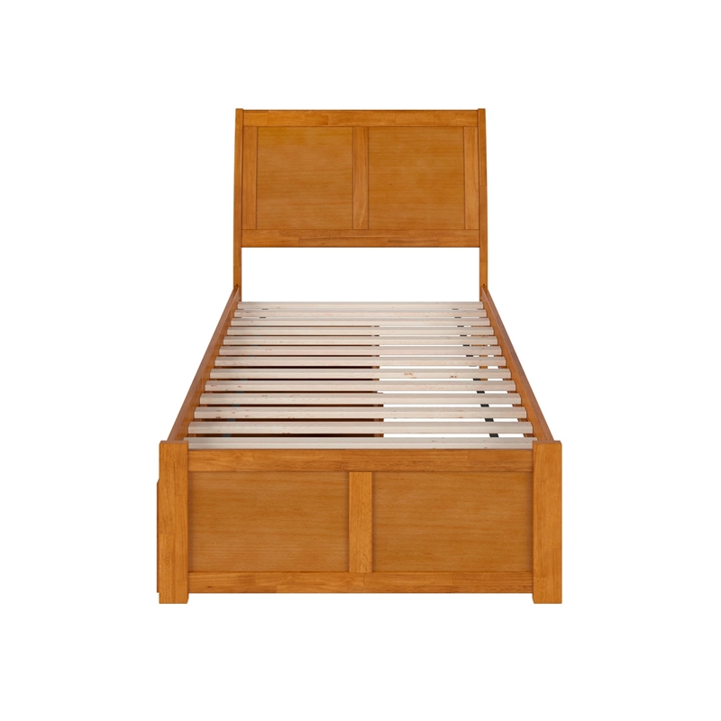 Portland Twin XL Wood Platform Bed with Footboard and Drawers in Light Toffee