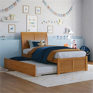 Portland Twin Wood Platform Bed with Footboard and Twin Trundle in Light Toffee