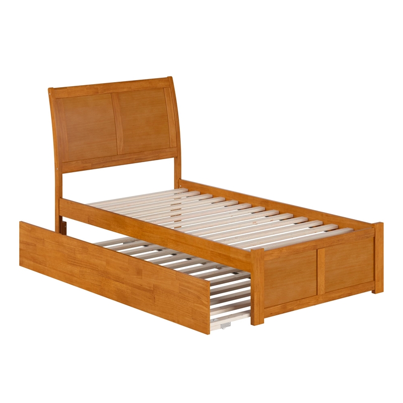 Portland Twin Wood Platform Bed with Footboard and Twin Trundle in Light Toffee