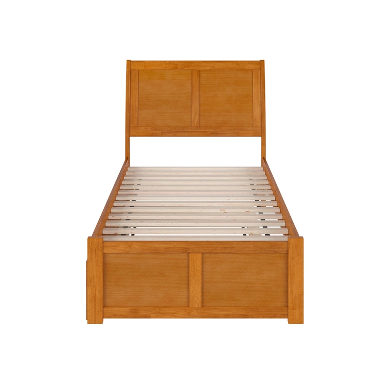 Portland Twin Wood Platform Bed with Footboard and Twin Trundle in Light Toffee