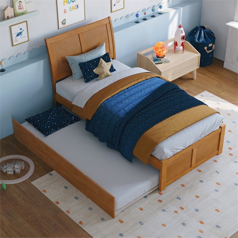 Portland Twin Wood Platform Bed with Footboard and Twin Trundle in Light Toffee