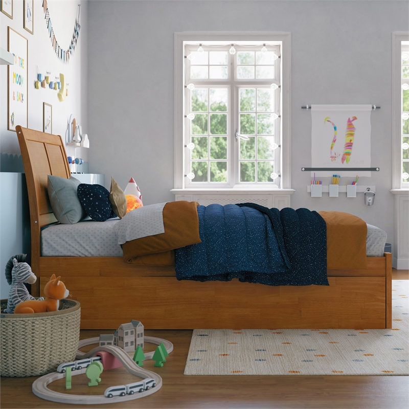 Portland Twin Wood Platform Bed with Footboard and Twin Trundle in Light Toffee