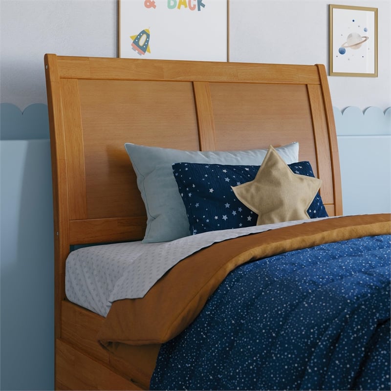 Portland Twin Wood Platform Bed with Footboard and Drawers in Light Toffee