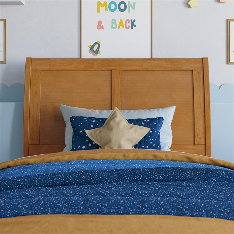 Portland Twin Wood Platform Bed with Footboard and Drawers in Light Toffee