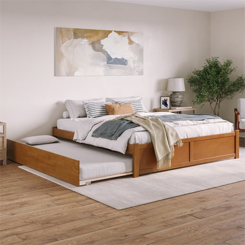 Concord King Wood Platform Bed with Footboard and TXL Trundle in Light Toffee