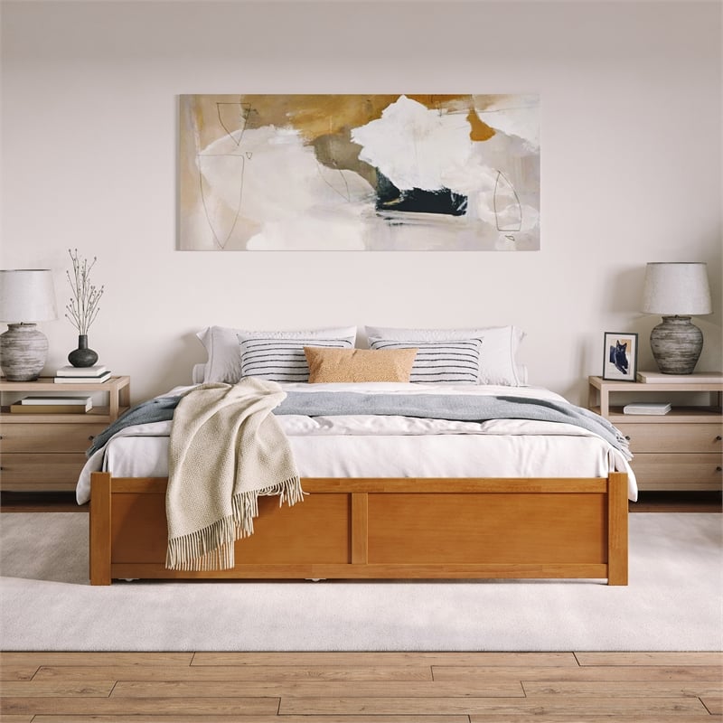 Concord King Wood Platform Bed with Footboard and TXL Trundle in Light Toffee