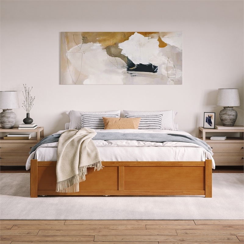 Concord King Wood Platform Bed with Footboard and Drawers in Light Toffee