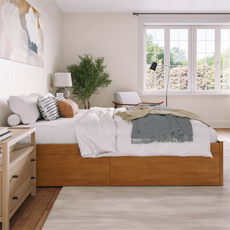 Concord King Wood Platform Bed with Footboard and Drawers in Light Toffee