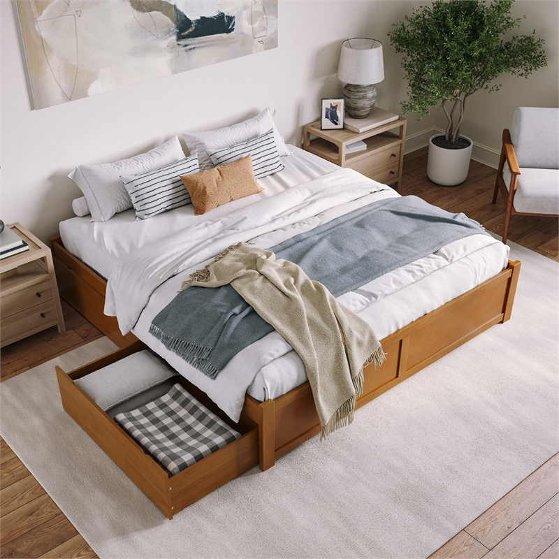 Concord King Wood Platform Bed with Footboard and Drawers in Light Toffee