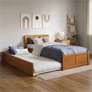 Orlando Twin XL Wood Platform Bed with Footboard and TXL Trundle in Light Toffee