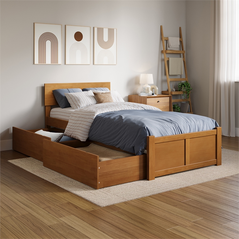 Orlando Twin XL Wood Platform Bed with Footboard and Drawers in Light Toffee