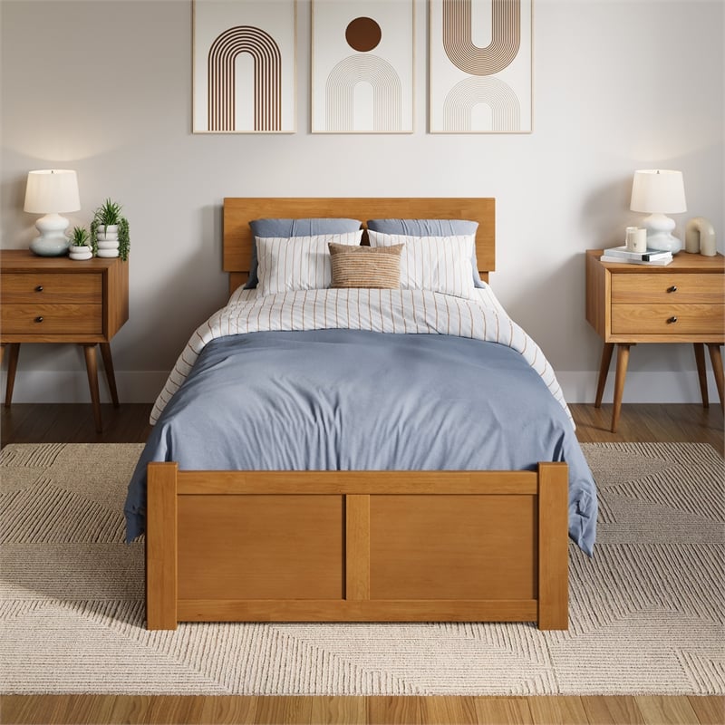Orlando Twin XL Wood Platform Bed with Footboard and Drawers in Light Toffee