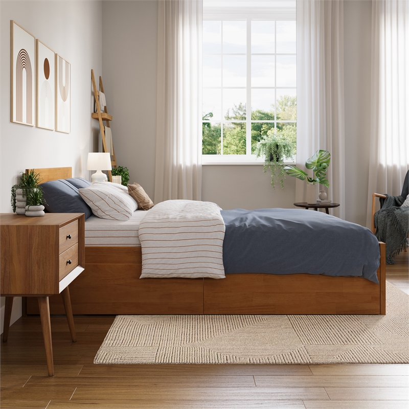 Orlando Twin XL Wood Platform Bed with Footboard and Drawers in Light Toffee