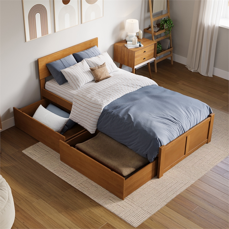 Orlando Twin XL Wood Platform Bed with Footboard and Drawers in Light Toffee