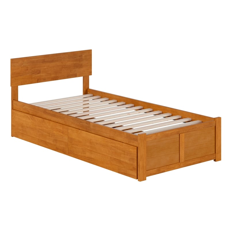 Orlando Twin XL Wood Platform Bed with Footboard and Drawers in Light Toffee