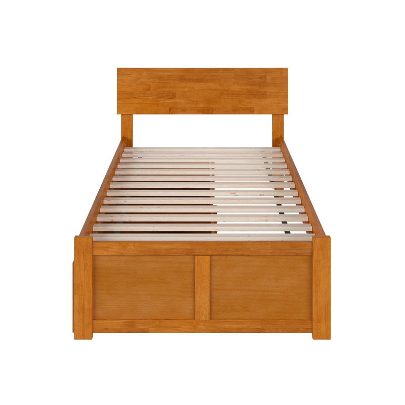 Orlando Twin XL Wood Platform Bed with Footboard and Drawers in Light Toffee