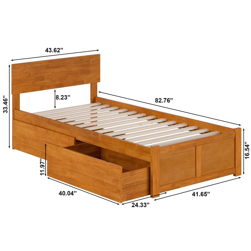 Orlando Twin XL Wood Platform Bed with Footboard and Drawers in Light Toffee