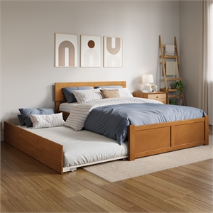 Orlando Full Wood Platform Bed with Footboard and Twin Trundle in Light Toffee